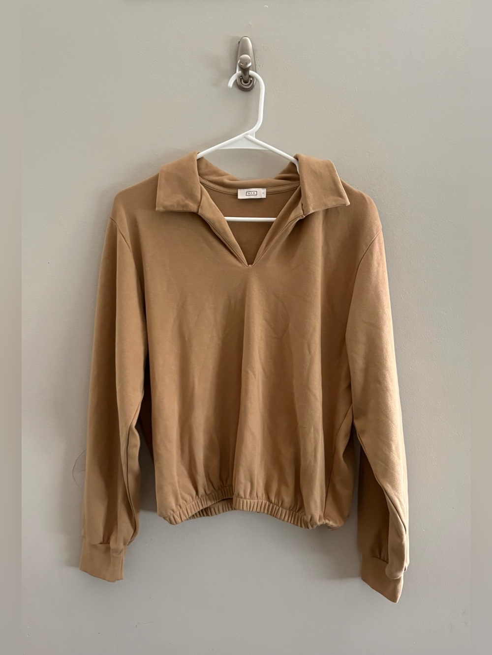 AYR The Courtside Polo Pullover Cropped Soft Knit Casual Sweatshirt Tan | Size L